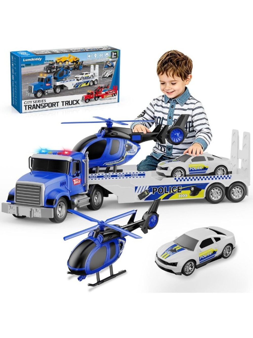Kids Semi Truck Toy Set with Car & Helicopter - Police Car Toys for Boys 3-5